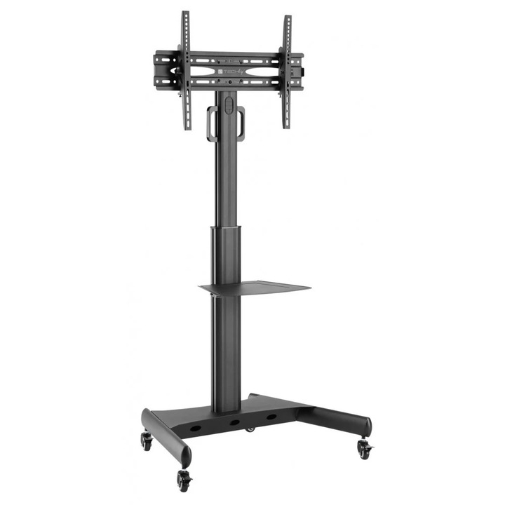 Stand TV mobil pe roti, 32-65 inch(81cm-165cm), raft dispozitive multimedia, reglabil, capacitate sustinere 35KG, Negru, Techly, ICA-TR35