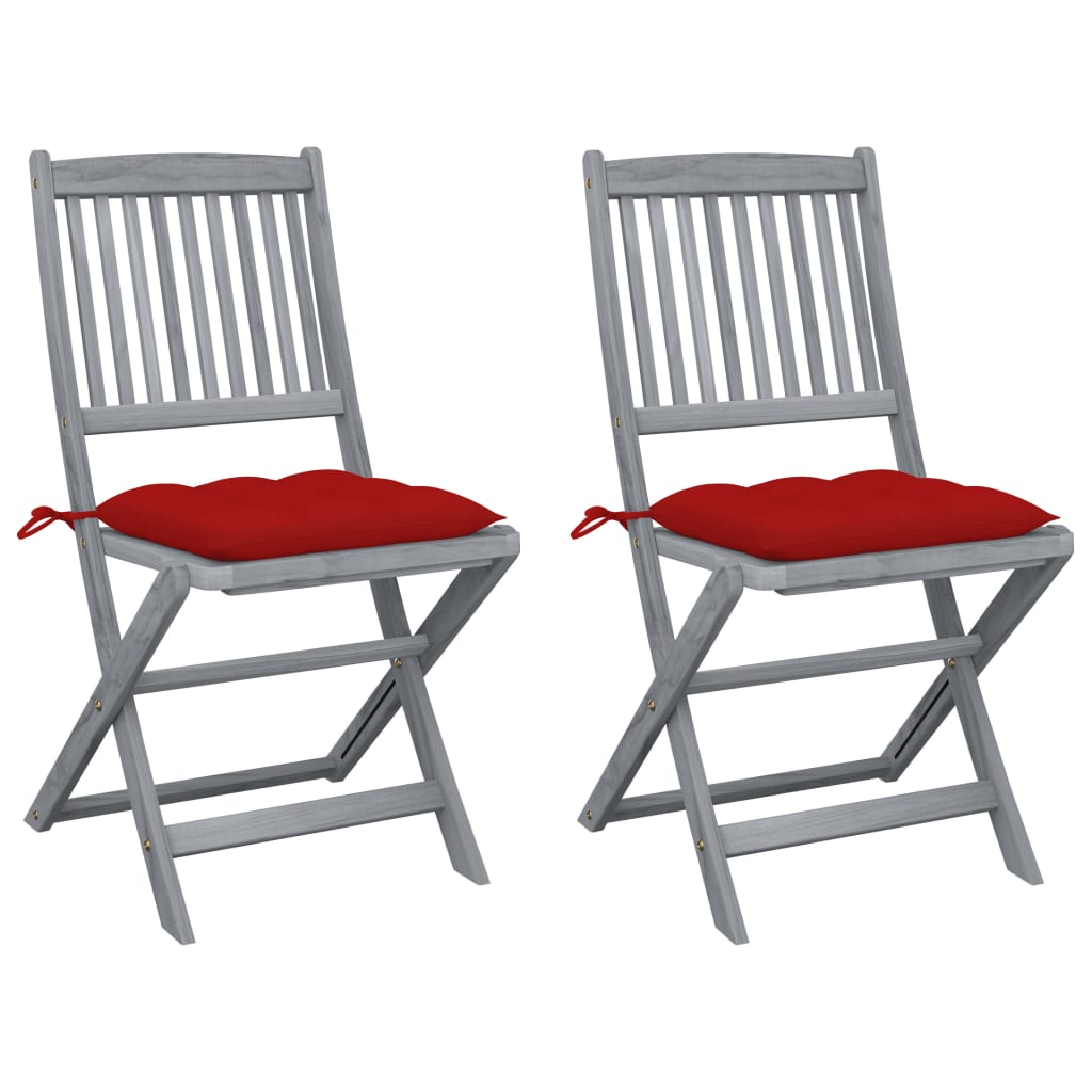 Set de 2 scaune pliabile de exterior cu perna colorata vidaXL, Lemn de acacia, 48.5 x 57 x 91 cm, Gri/Rosu
