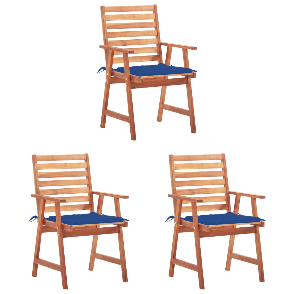 Set de 3 scaune de masa de exterior cu perna vidaXL, Lemn de acacia, 56 x 62 x 92 cm, Maro/Albastru