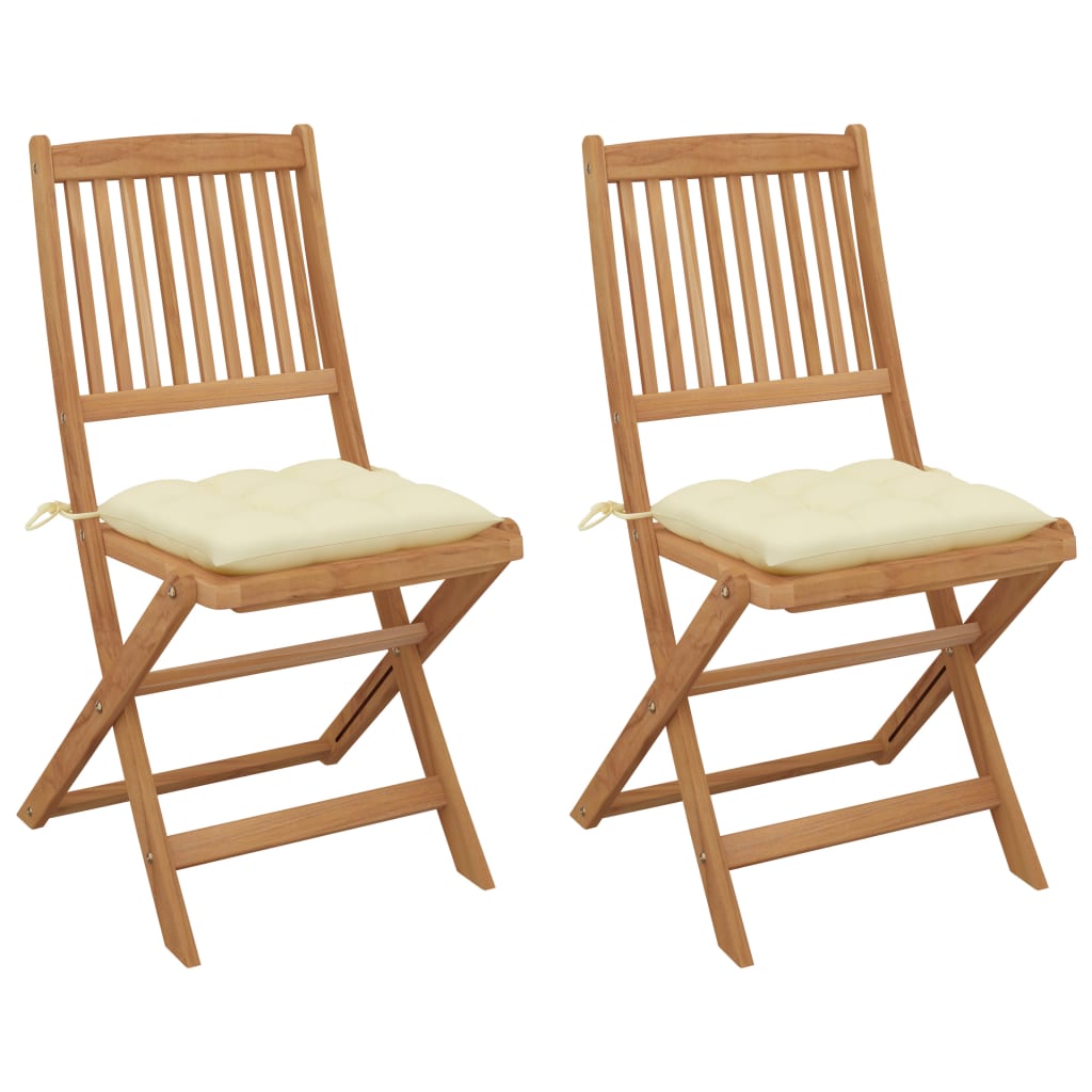 Set de 2 scaune pliabile de gradina/exterior cu perna vidaXL, Lemn de acacia, 48.5 x 57 x 91 cm, Maro/Crem