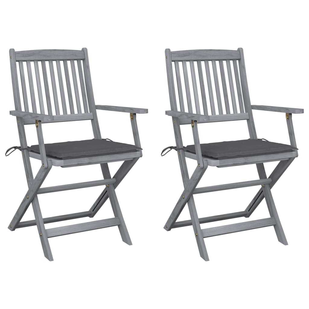 Set de 2 scaune pliabile de exterior cu perna vidaXL, Lemn de acacia, 54 x 57 x 91 cm, Gri/Gri antracit