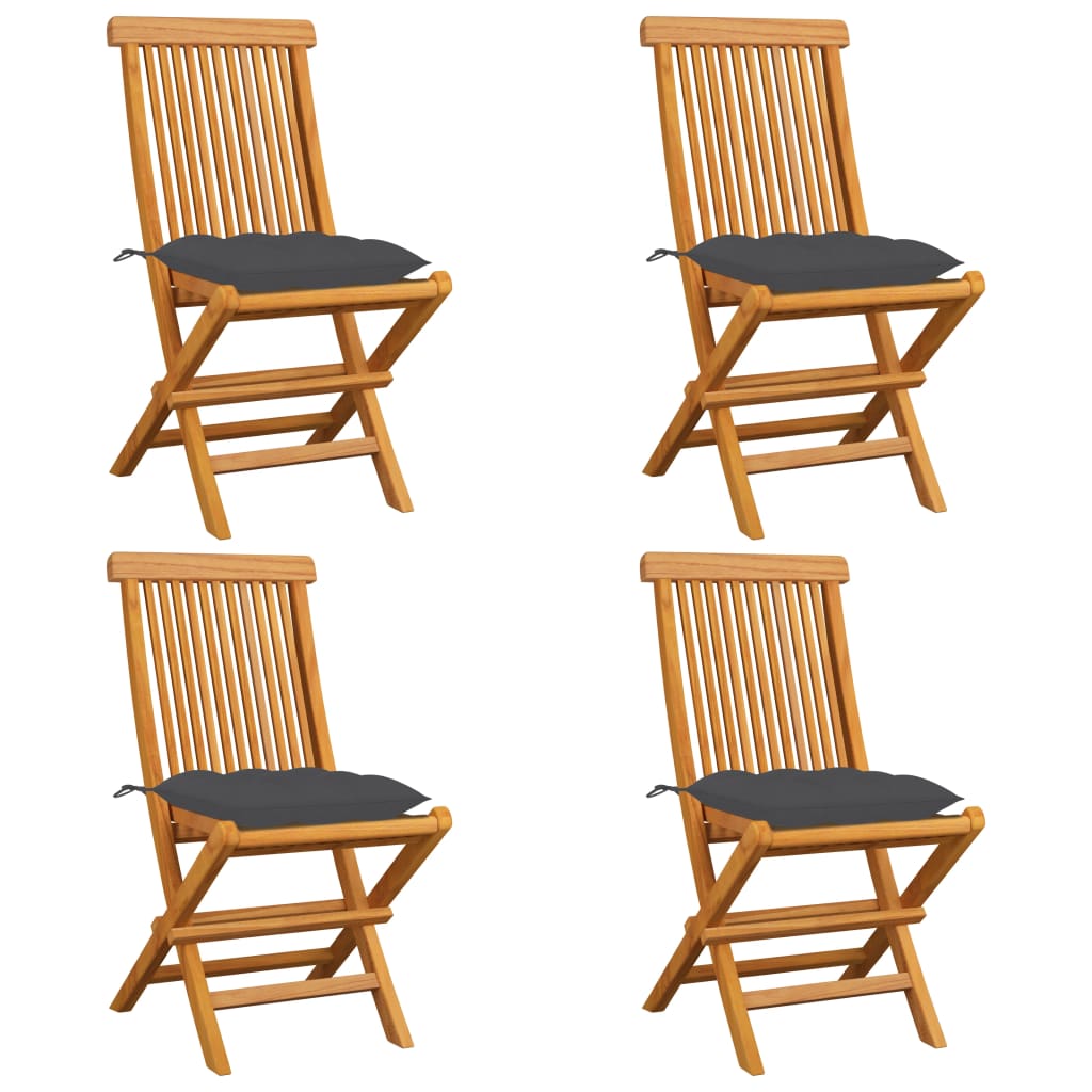 Set de 4 scaune pliabile de exterior cu perne vidaXL, Lemn de tec, 47 x 60 x 89 cm, Maro/Antracit