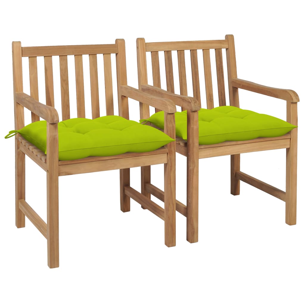 Set de 2 scaune de gradina cu perne vidaXL, Lemn de tec, 58 x 60 x 90 cm, Verde/Maro