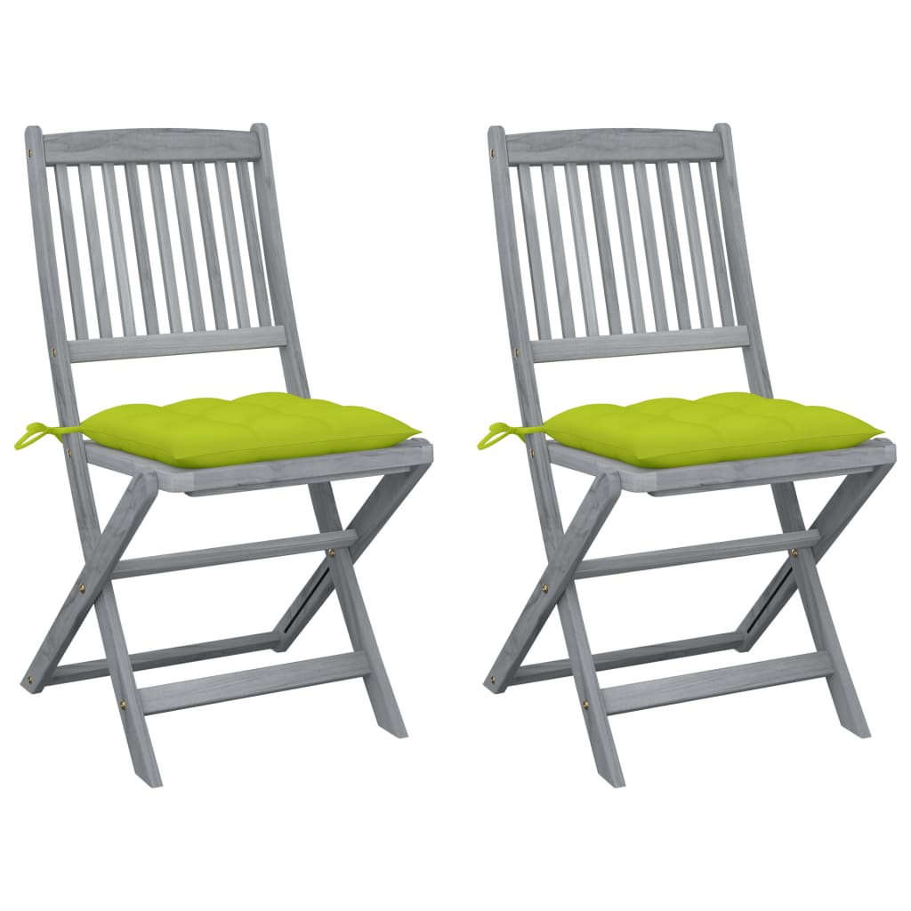 Set de 2 scaune pliabile de exterior cu perna colorata vidaXL, Lemn de acacia, 48.5 x 57 x 91 cm, Gri/Verde deschis