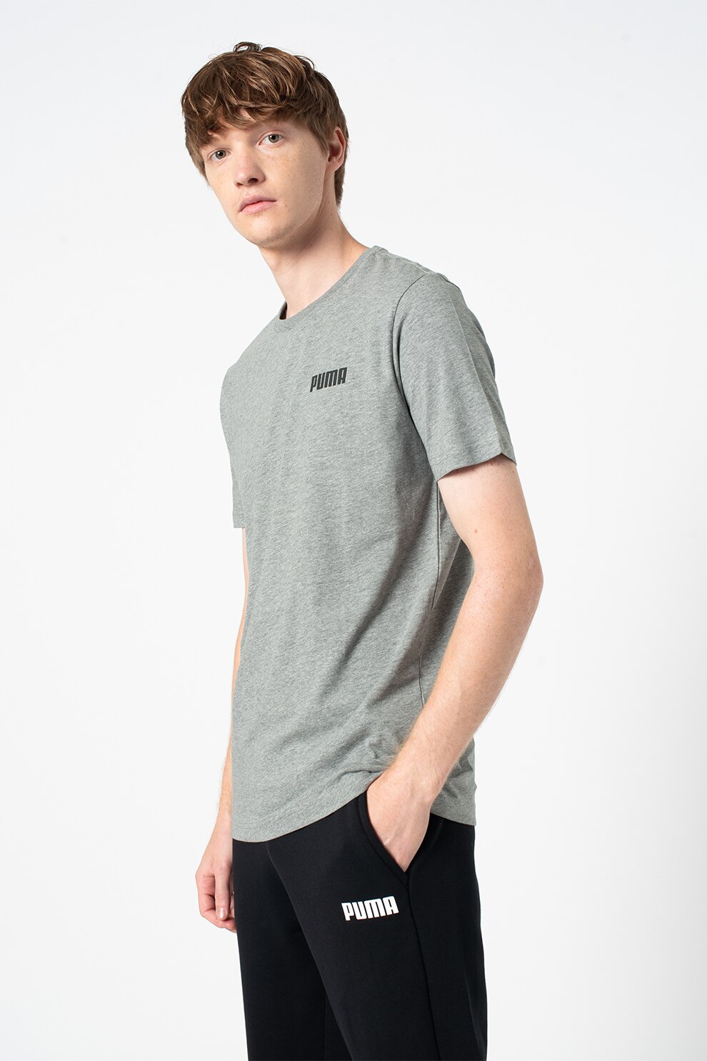 Puma, Tricou cu imprimeu logo discret Essentials, Gri melange/Negru