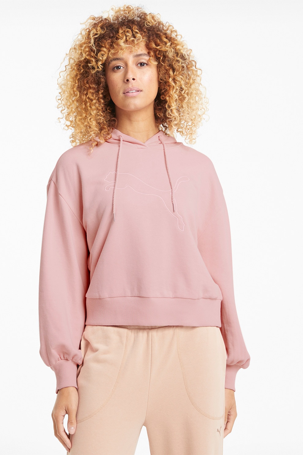 Puma, Hanorac cu maneci cazute si imprimeu logo, Roz somon/Alb