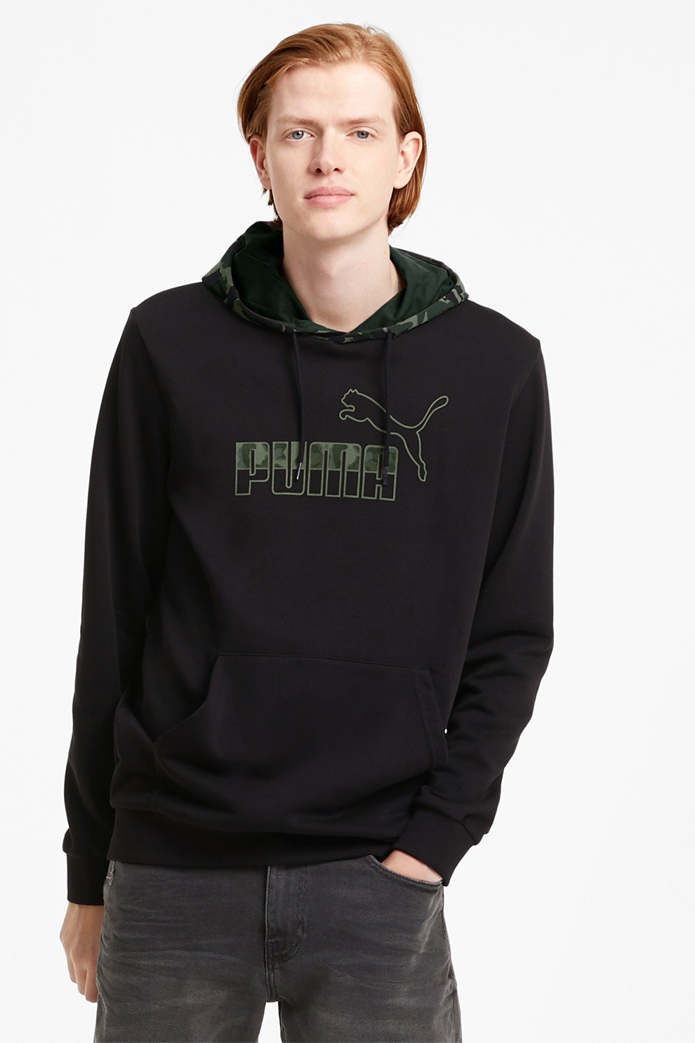 Puma, Hanorac cu imprimeu logo si buzunar kangaroo, Negru/Verde, L