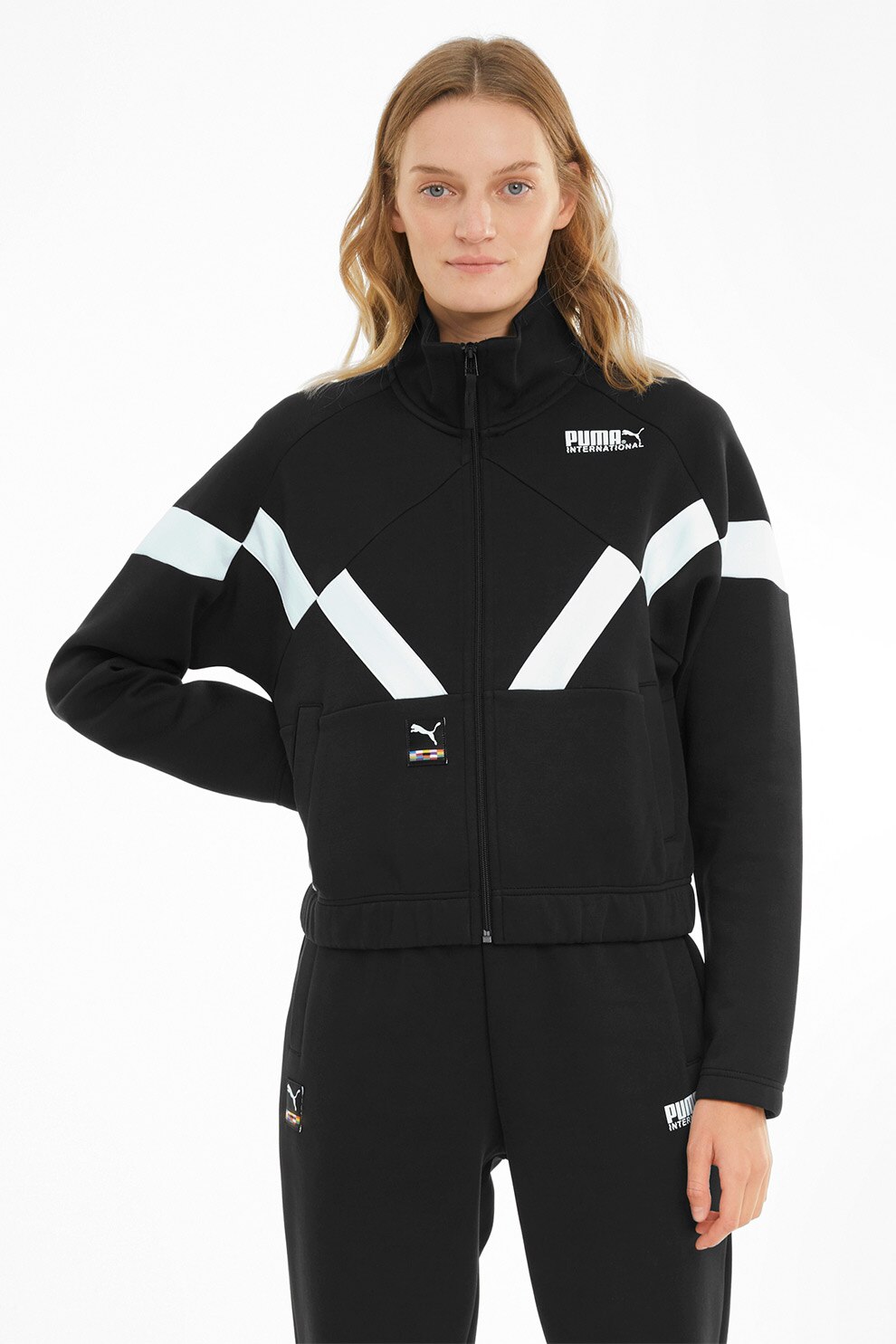 Puma, Jacheta cu fermoar si guler inalt, Negru/Alb, L