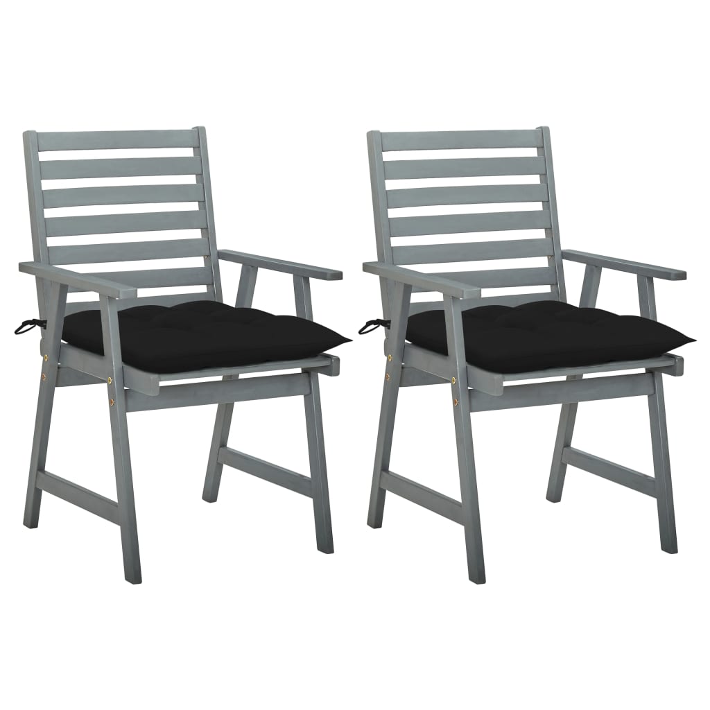 Set de 2 scaune de masa pentru exterior cu perna colorata vidaXL, Lemn de acacia, 56 x 62 x 92 cm, Gri/Negru