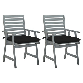 Set de 2 scaune de masa pentru exterior cu perna colorata vidaXL, Lemn de acacia, 56 x 62 x 92 cm, Gri/Negru