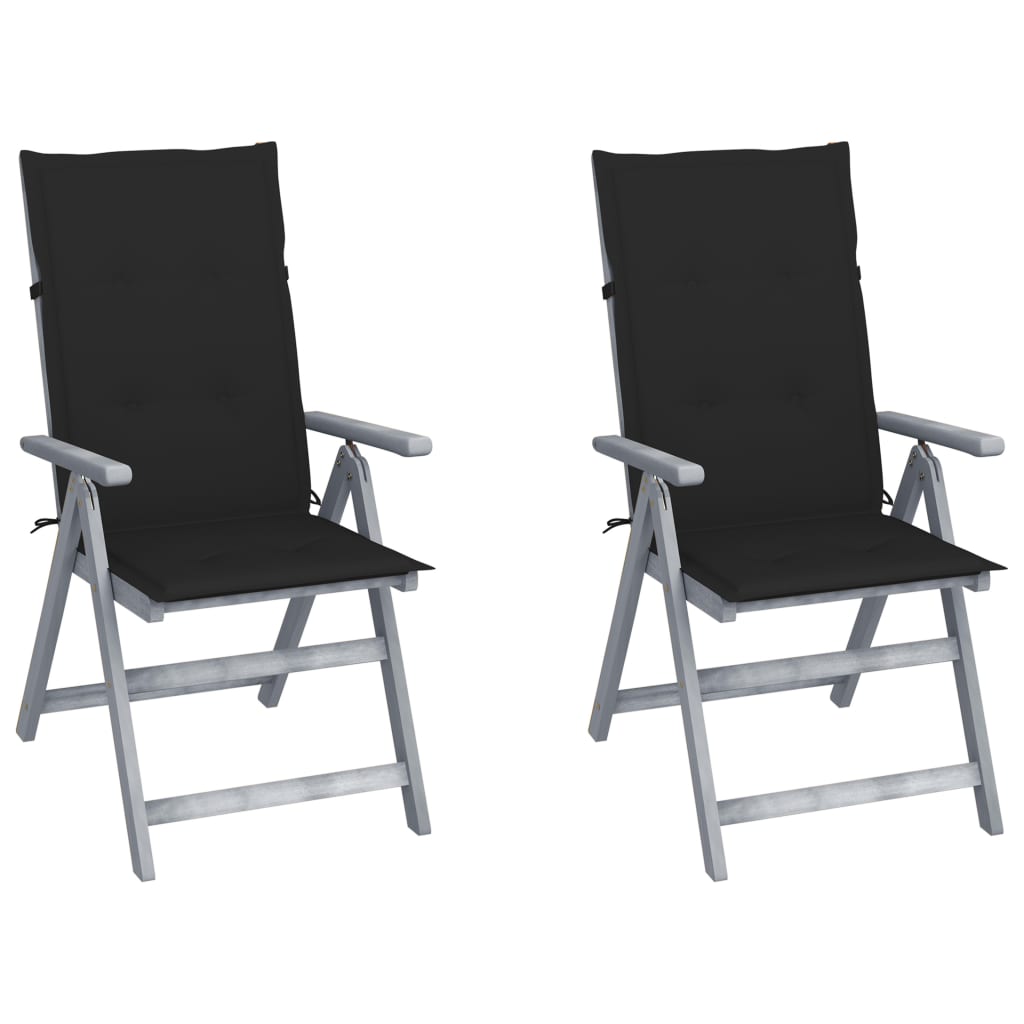 Set de 2 scaune rabatabile de gradina cu perna vidaXL, Lemn de acacia, 56 x 70 x 110 cm, Gri/Negru