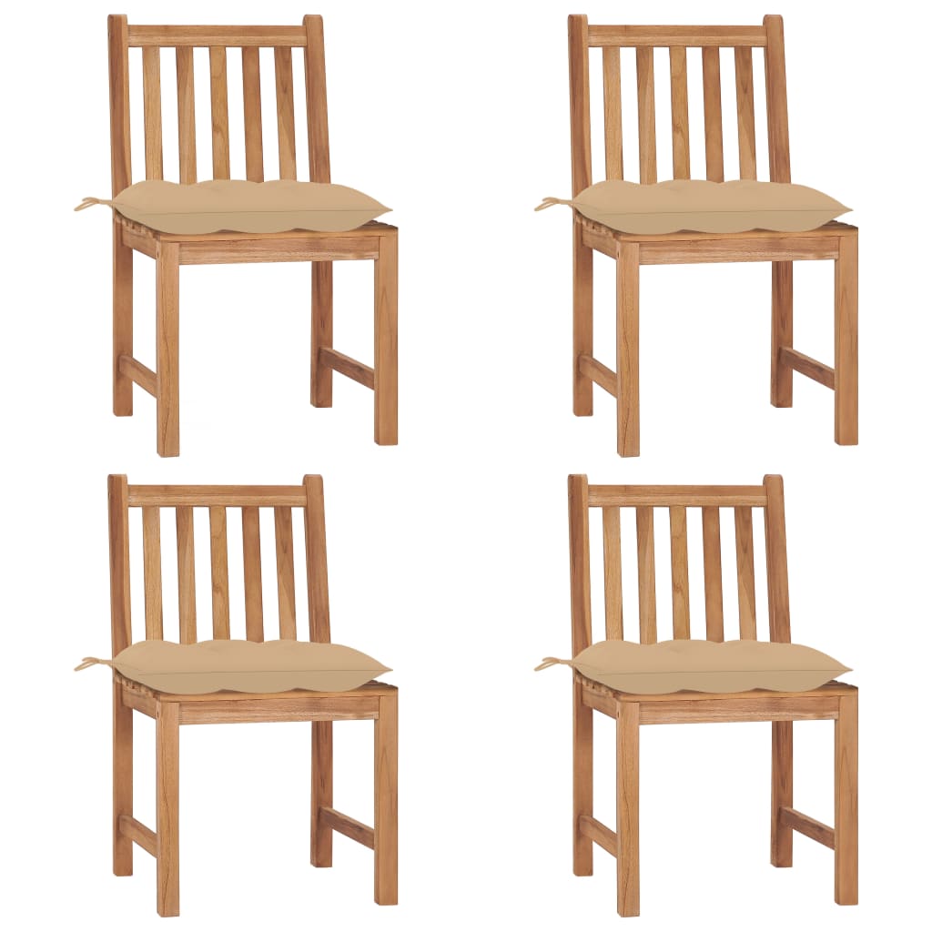 Set de 4 scaune de exterior din lemn masiv de tec cu perna colorata vidaXL, Lemn, 50 x 53 x 90 cm, Maro/Bej