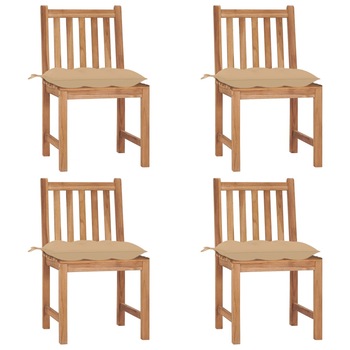 Set de 4 scaune de exterior din lemn masiv de tec cu perna colorata vidaXL, Lemn, 50 x 53 x 90 cm, Maro/Bej