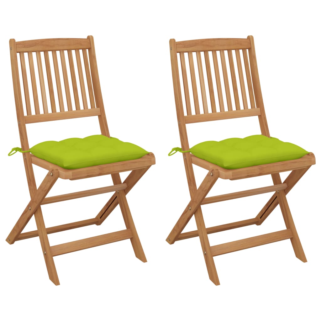 Set de 2 scaune pliabile de gradina/exterior cu perna vidaXL, Lemn de acacia, 48.5 x 57 x 91 cm, Maro/Verde deschis
