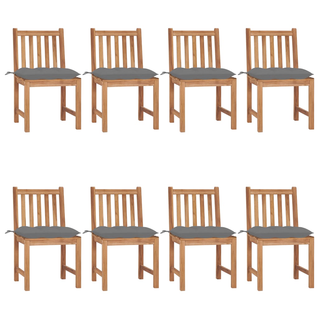 Set de 8 scaune de exterior din lemn masiv de tec cu perna vidaXL, Lemn, 50 x 53 x 90 cm, Maro/Gri
