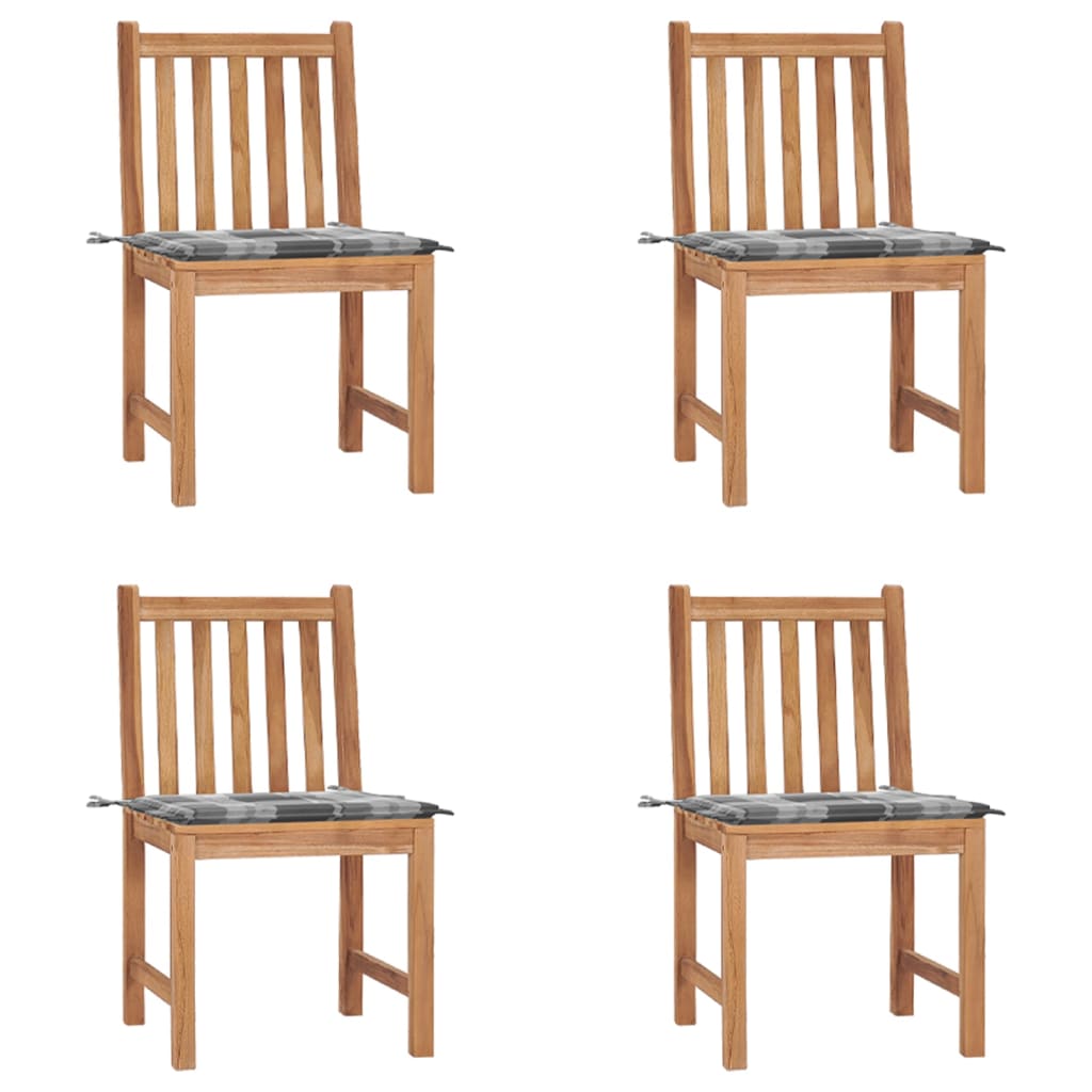 Set de 4 scaune de exterior din lemn masiv de tec cu perna cu model vidaXL, Lemn, 50 x 53 x 90 cm, Maro/Gri