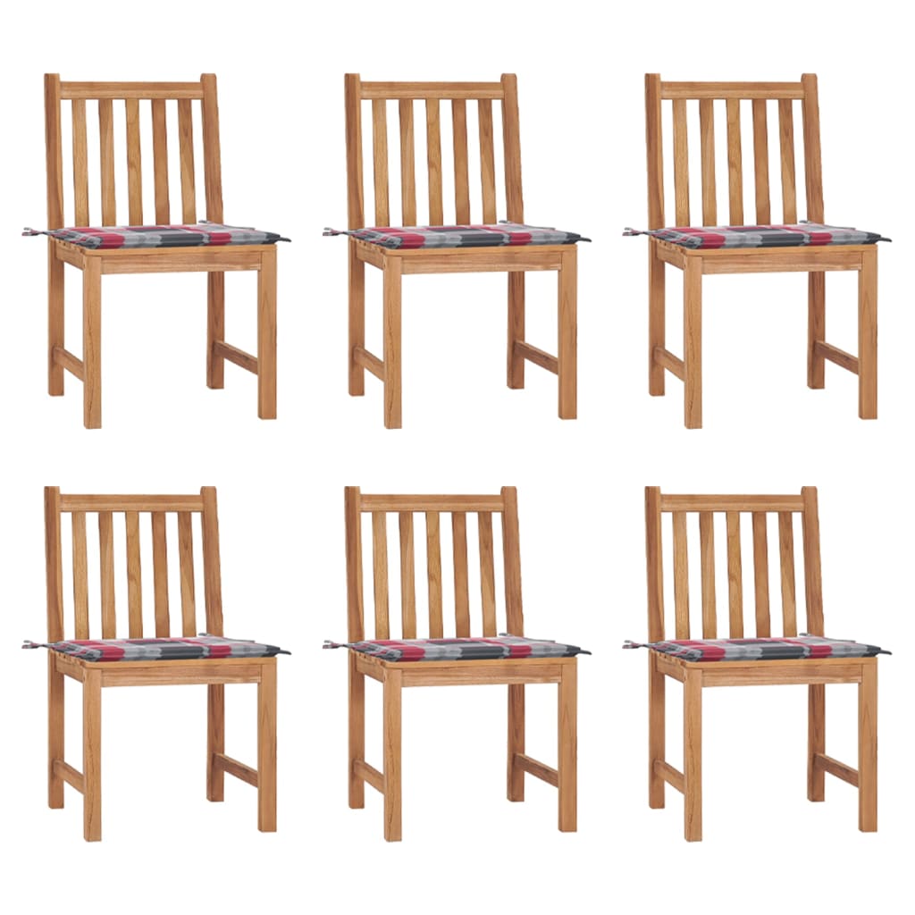Set de 6 scaune de exterior din lemn masiv de tec cu perna cu model carouri vidaXL, Lemn, 50 x 53 x 90 cm, Maro/Multicolor