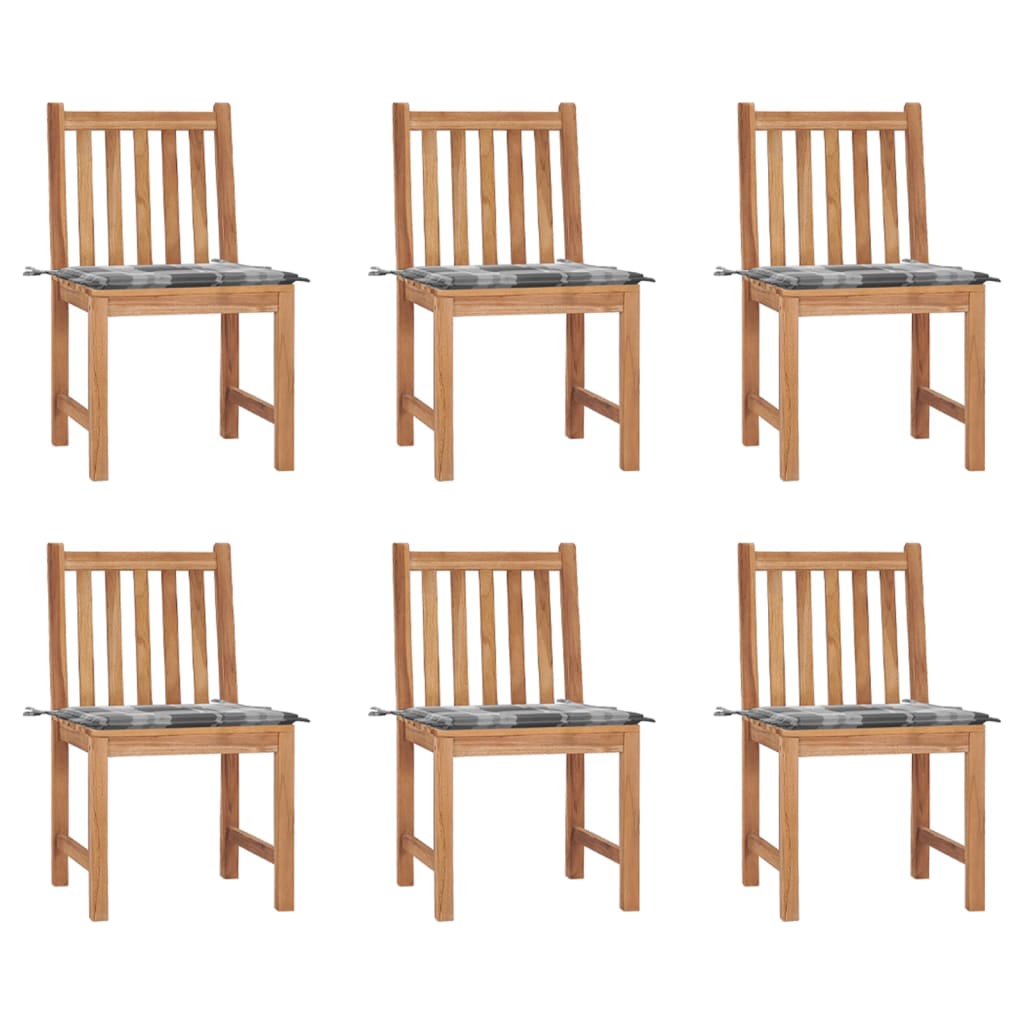 Set de 6 scaune de exterior din lemn masiv de tec cu perna cu model carouri vidaXL, Lemn, 50 x 53 x 90 cm, Maro/Gri