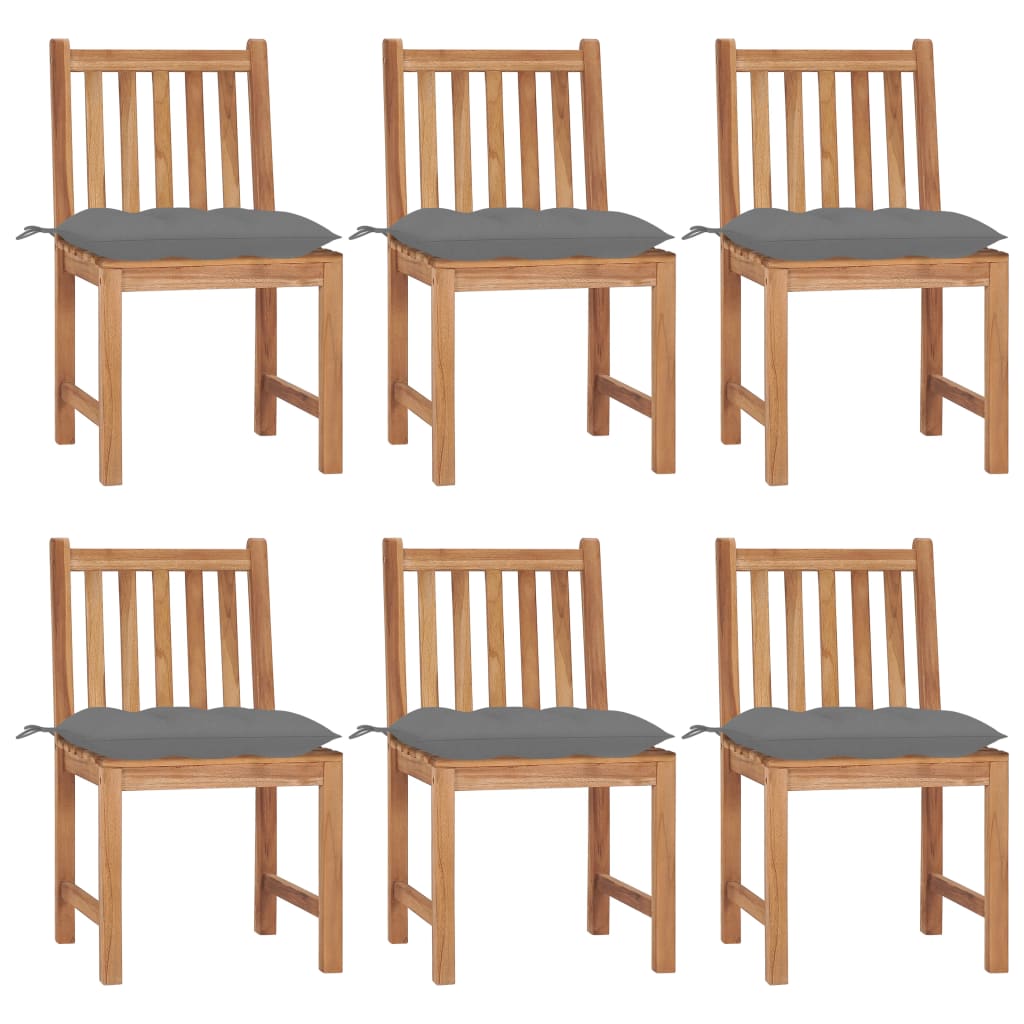 Set de 6 scaune de exterior din lemn masiv de tec cu perna vidaXL, Lemn, 50 x 53 x 90 cm, Maro/Gri