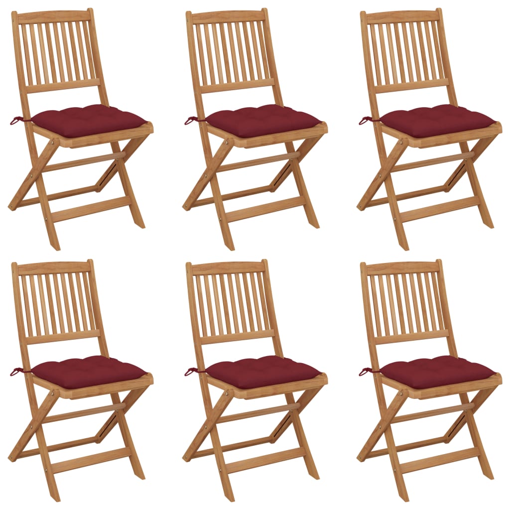 Set de 6 scaune de gradina pliabile cu perna vidaXL, Lemn de acacia, 48.5 x 57 x 91 cm, Maro/Rosu vin