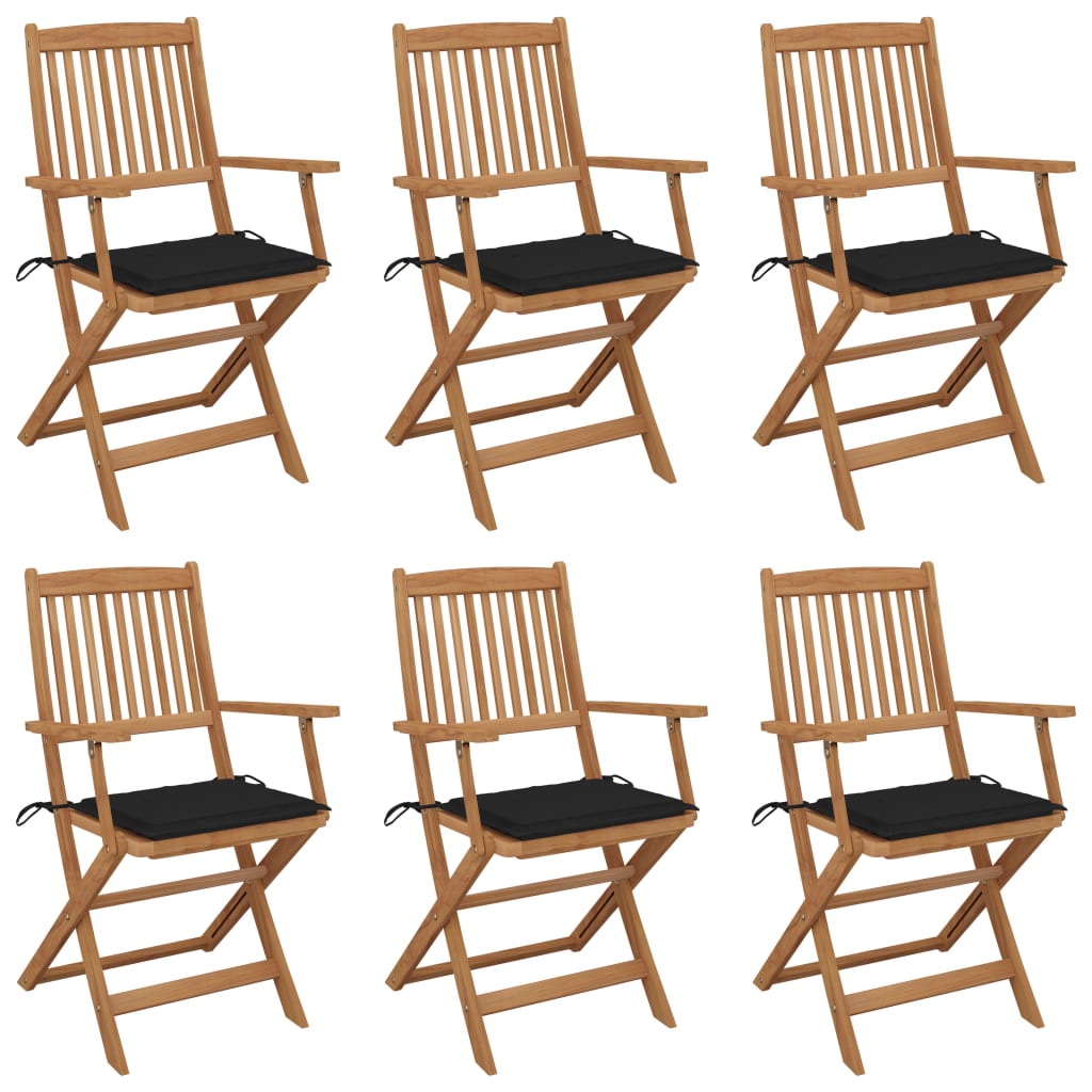 Set de 6 scaune de gradina cu perne si brate, vidaXL, Lemn de acacia-poliester, 54 x 57 x 91 cm, Maro/Perne negru