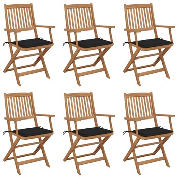 Set de 6 scaune pliabile de gradina cu perna din lemn masiv de acacia vidaXL, Lemn, 54 x 57 x 91 cm, Maro/Negru