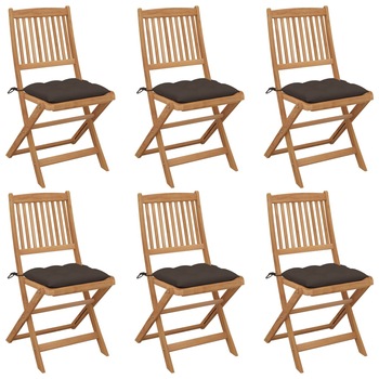 Set de 6 scaune de gradina pliabile cu perna vidaXL, Lemn de acacia, 48.5 x 57 x 91 cm, Maro/Gri taupe