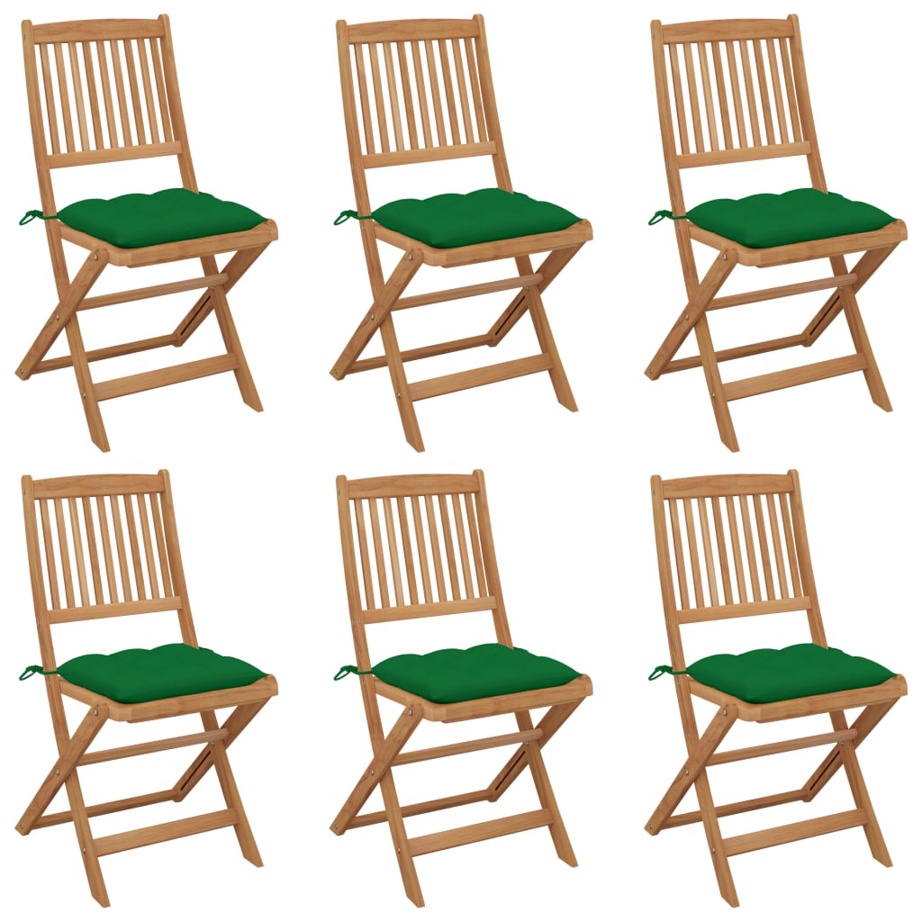 Set de 6 scaune de gradina pliabile cu perna vidaXL, Lemn de acacia, 48.5 x 57 x 91 cm, Maro/Verde