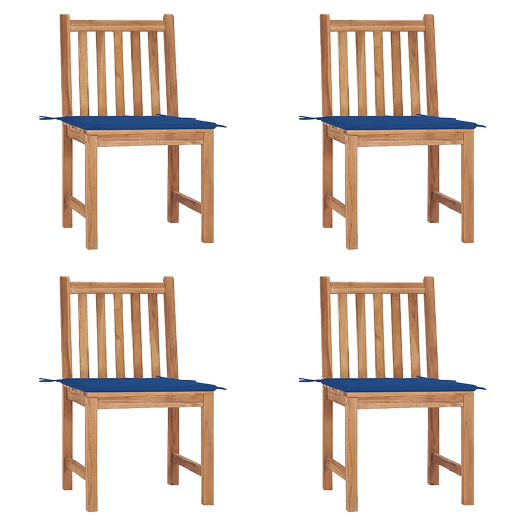 Set de 4 scaune de exterior din lemn masiv de tec cu perna vidaXL, Lemn, 50 x 53 x 90 cm, Maro/Albastru