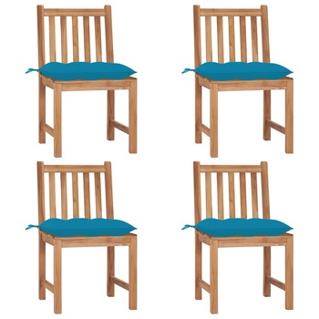 Set de 4 scaune de exterior din lemn masiv de tec cu perna colorata vidaXL, Lemn, 50 x 53 x 90 cm, Maro/Albastru deschis