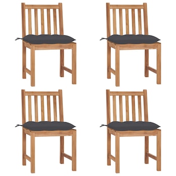 Set de 4 scaune de exterior din lemn masiv de tec cu perna colorata vidaXL, Lemn, 50 x 53 x 90 cm, Maro/Gri antracit