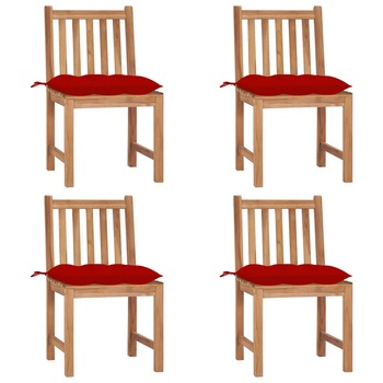 Set de 4 scaune de exterior din lemn masiv de tec cu perna colorata vidaXL, Lemn, 50 x 53 x 90 cm, Maro/Rosu