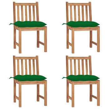 Set de 4 scaune de exterior din lemn masiv de tec cu perna colorata vidaXL, Lemn, 50 x 53 x 90 cm, Maro/Verde