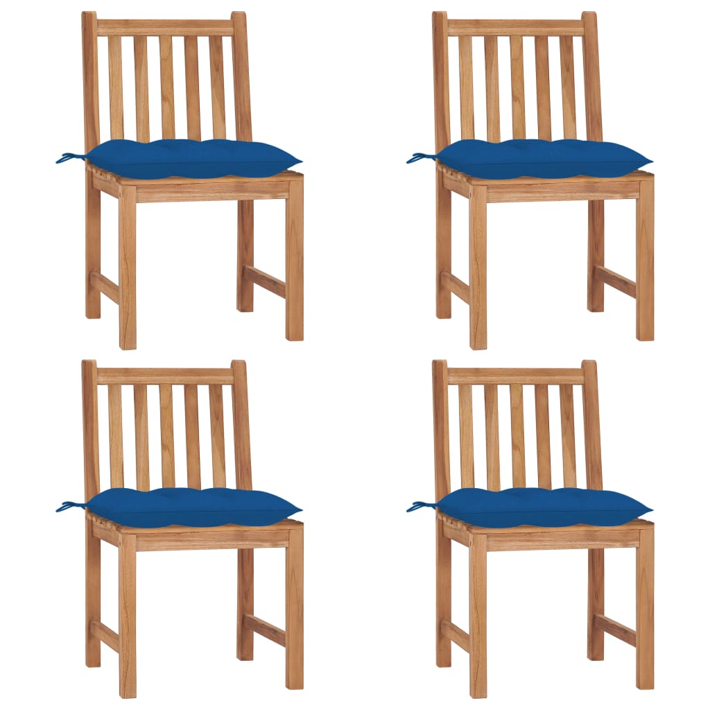 Set de 4 scaune de exterior din lemn masiv de tec cu perna colorata vidaXL, Lemn, 50 x 53 x 90 cm, Maro/Albastru