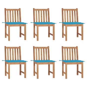 Set de 6 scaune de exterior din lemn masiv de tec cu perna colorata vidaXL, Lemn, 50 x 53 x 90 cm, Maro/Albastru deschis
