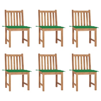 Set de 6 scaune de exterior din lemn masiv de tec cu perna colorata vidaXL, Lemn, 50 x 53 x 90 cm, Maro/Verde