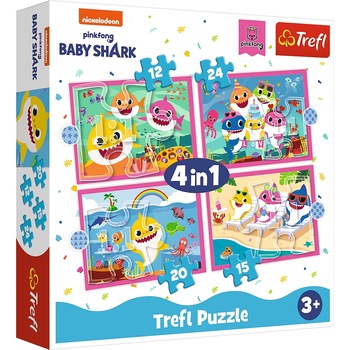 Puzzle Trefl 4 in 1 - Baby Shark, Familia Shark, 12/15/20/24 piese Puzzle Trefl 4 in 1 - Baby Shark, Familia Shark, 12/15/20/24 piese