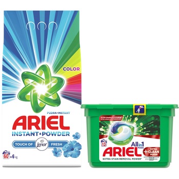 Pachet promo: Detergent automat Ariel Touch of Lenor Color 6 kg, 60 spalari + Detergent capsule Ariel All in One PODS +Extra Clean Power, 13 spalari Pachet promo: Detergent automat Ariel Touch of Lenor Color 6 kg, 60 spalari + Detergent capsule Ariel All in One PODS +Extra Clean Power, 13 spalari