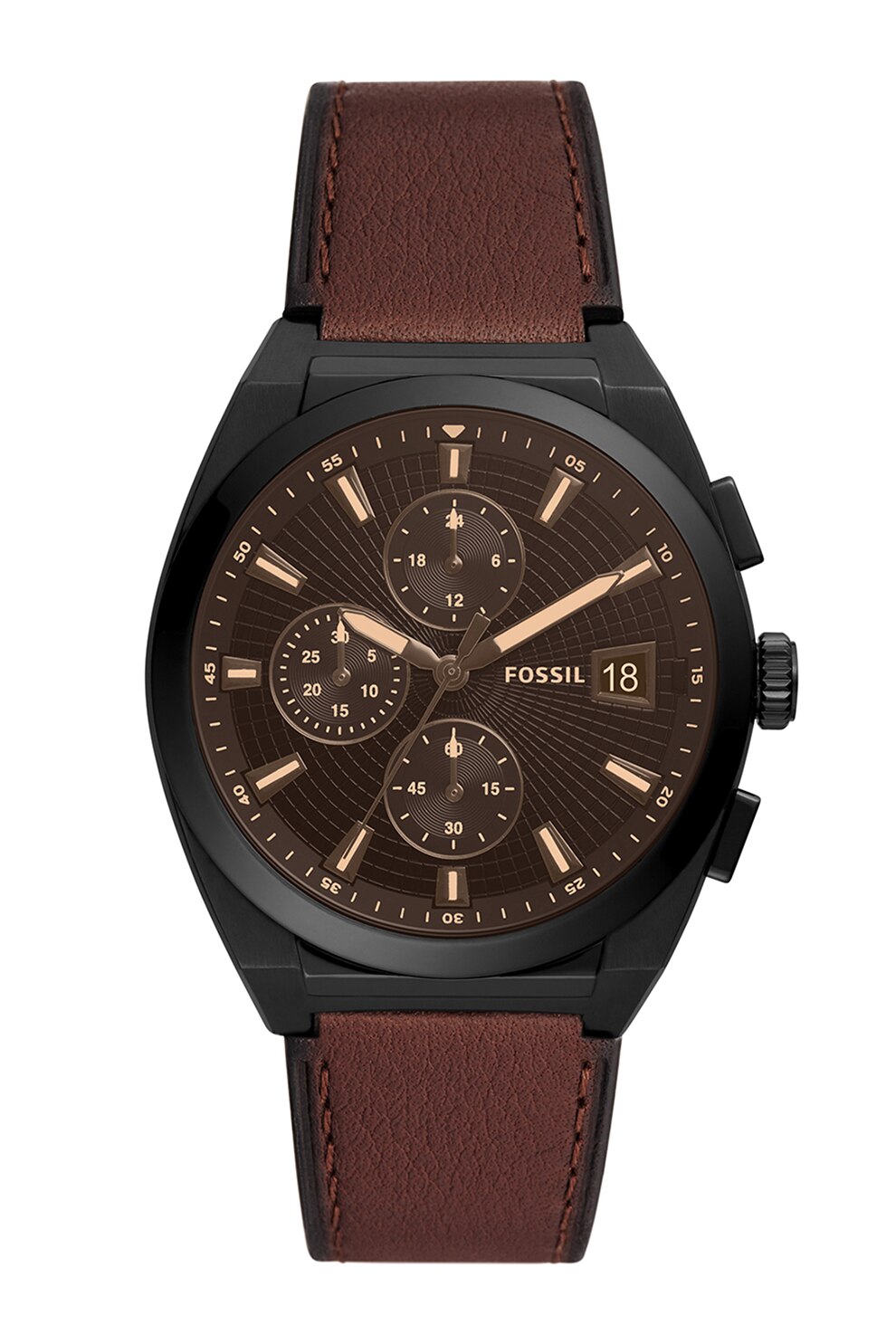 Fossil, Ceas cronograf cu o curea de piele, Maro inchis