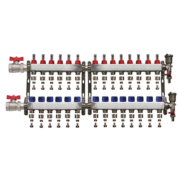 Elosztókészlet 1" / 14 áramkörök EK x 17 mm-es csatlakozókkal, leeresztő szelepekkel, automatikus légtelenítőkkel és holland szelepekkel, Daver
