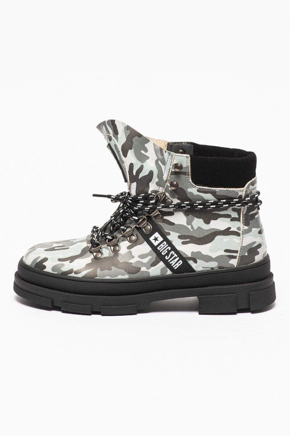 Big Star, Bocanci de piele cu imprimeu camuflaj, Negru/Alb/Bleu