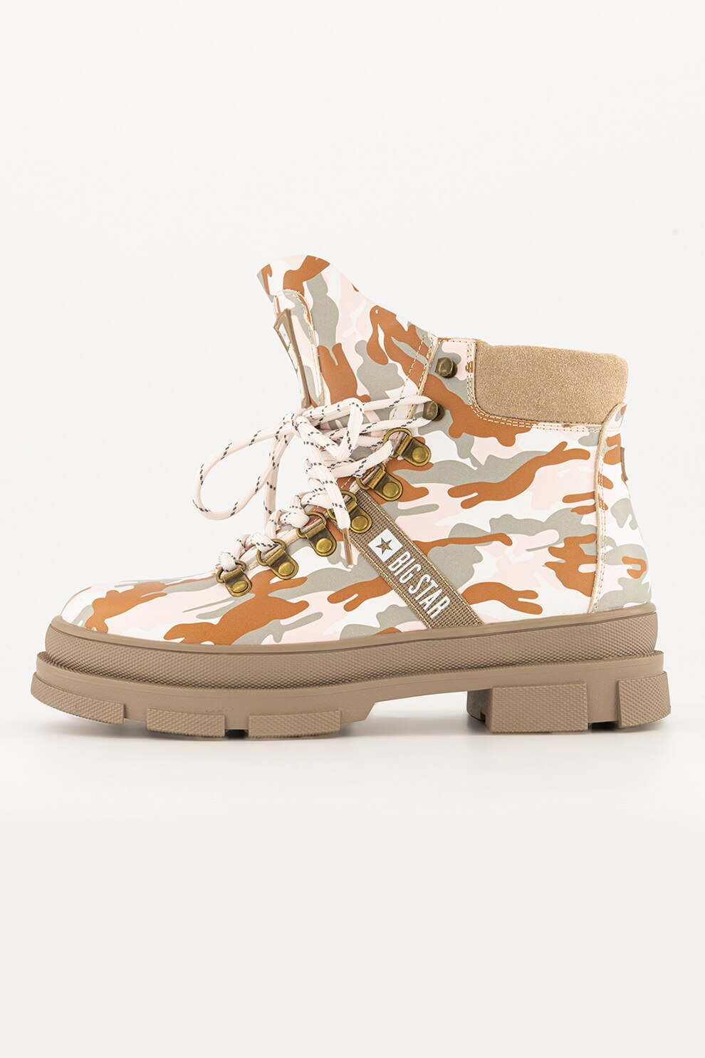 Big Star, Bocanci din piele cu imprimeu camuflaj, Alb optic/maro taupe deschis/roz pastel