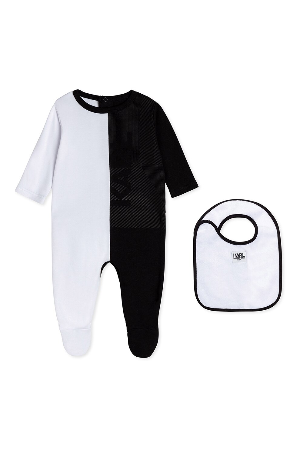 Karl Lagerfeld, Set de salopeta cu botosei si bavetica - 2 piese, Alb/Negru