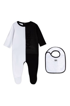 Karl Lagerfeld, Set de salopeta cu botosei si bavetica - 2 piese, Alb/Negru Karl Lagerfeld, Set de salopeta cu botosei si bavetica - 2 piese, Alb/Negru