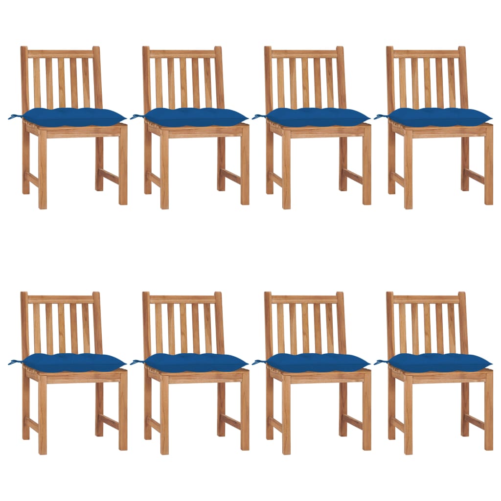 Set de 8 scaune de exterior din lemn masiv de tec cu perna vidaXL, Lemn, 50 x 53 x 90 cm, Maro/Albastru