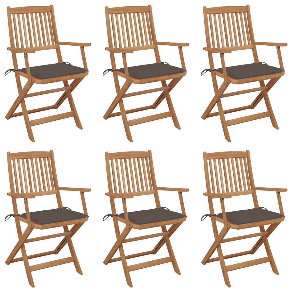 Set de 6 scaune pliabile de gradina cu perna din lemn masiv de acacia vidaXL, Lemn, 54 x 57 x 91 cm, Maro/Gri taupe