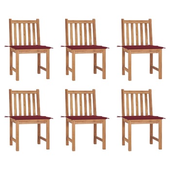 Set de 6 scaune de exterior din lemn masiv de tec cu perna colorata vidaXL, Lemn, 50 x 53 x 90 cm, Maro/Rosu vin