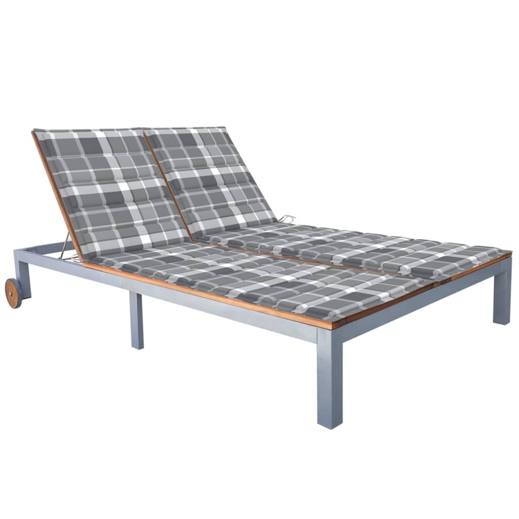 Sezlong de gradina cu perna pentru 2 persoane cu model carouri vidaXL, Lemn de acacia, 207 x 130 x 88 cm, Maro/Gri