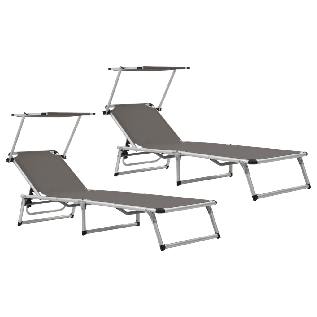 Set de 2 sezlonguri pliabile cu acoperis vidaXL, Aluminiu, 186 x 58 x 75-105 cm, Gri