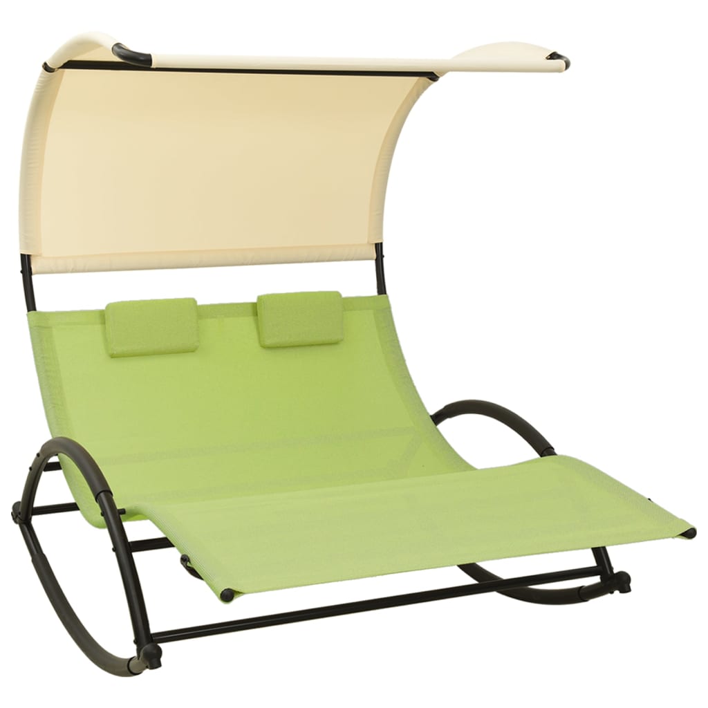 Sezlong de plaja dublu cu baldachin cu perne vidaXL, Otel, 139 x 180 x 170 cm, Verde/Crem